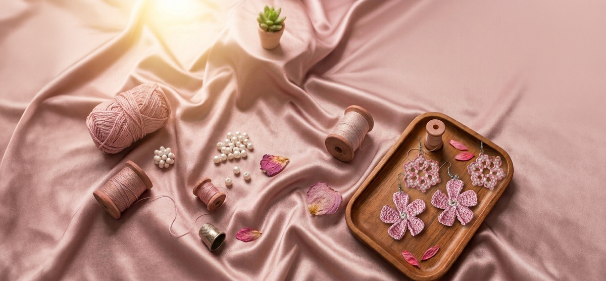 A styled flat-lay of pink crocheted and tatted flower earrings arranged on a wooden tray, alongside yarn balls, thread spools, small beads, and pink flower petals on draped satin fabric.